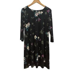 J. Jill Wearever Women M/P Black Floral 3/4 Sleeve Dress Career Business Chic